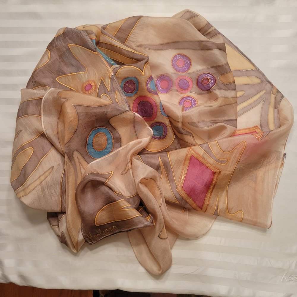 Hand-painted Silk Scarf, 17” x 68”, Warm Neutrals, Pink, Purple, Turquoise